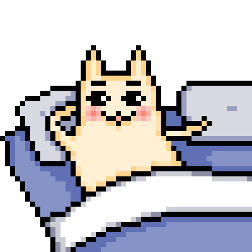 animated sprite of chiyo-chichi blushing and raising his eyebrows while inviting someone to sit next to him in bed
